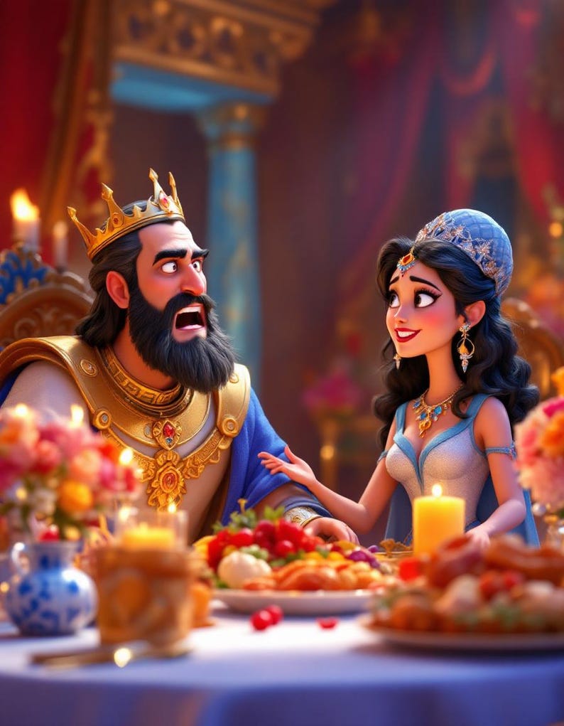 May include: Digital illustration of a king and queen at a feast. The king wears a gold crown and armour, the queen a blue dress and headpiece. A table is laden with food, candles, and flowers, in a grand hall.