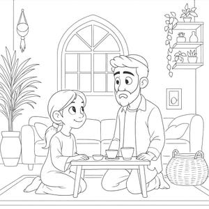 May include: Black and white line drawing of a girl and a man sitting on the floor, facing each other. They are at a low table with cups and saucers. A large window and plants are in the background.