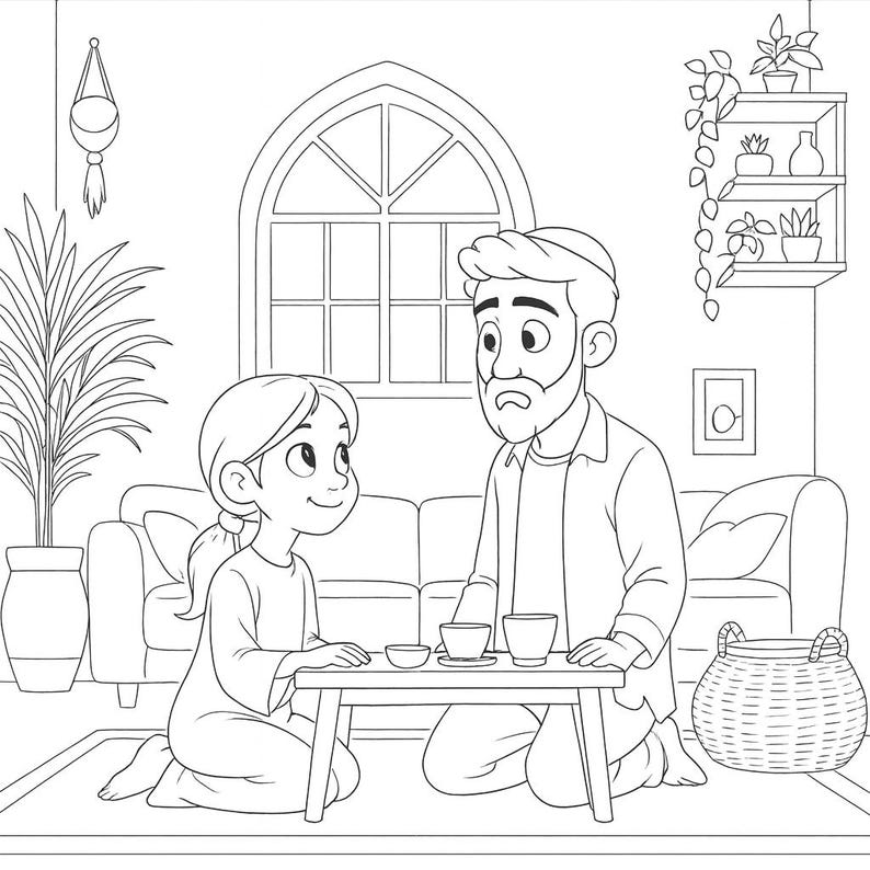 May include: Black and white line drawing of a girl and a man sitting on the floor, facing each other. They are at a low table with cups and saucers. A large window and plants are in the background.