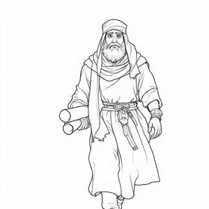 May include: Line art illustration of a man in traditional clothing, walking forward. He has a long beard, a turban, and a long robe. He carries two rolled scrolls and wears a belt with a decorative buckle.
