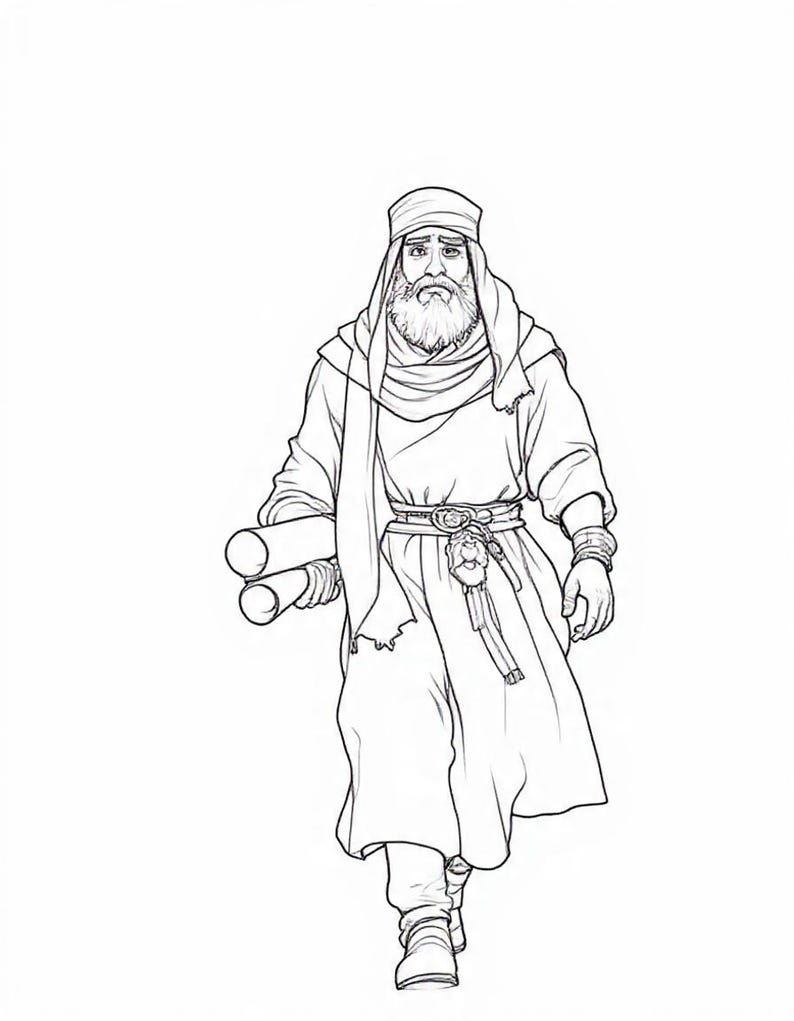 May include: Line art illustration of a man in traditional clothing, walking forward. He has a long beard, a turban, and a long robe. He carries two rolled scrolls and wears a belt with a decorative buckle.