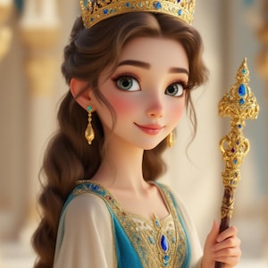 May include: A cartoon princess with a gold crown adorned with blue gems, matching earrings, and a blue and gold embellished dress. She holds a gold scepter with blue gems. Her long brown hair is styled in waves.