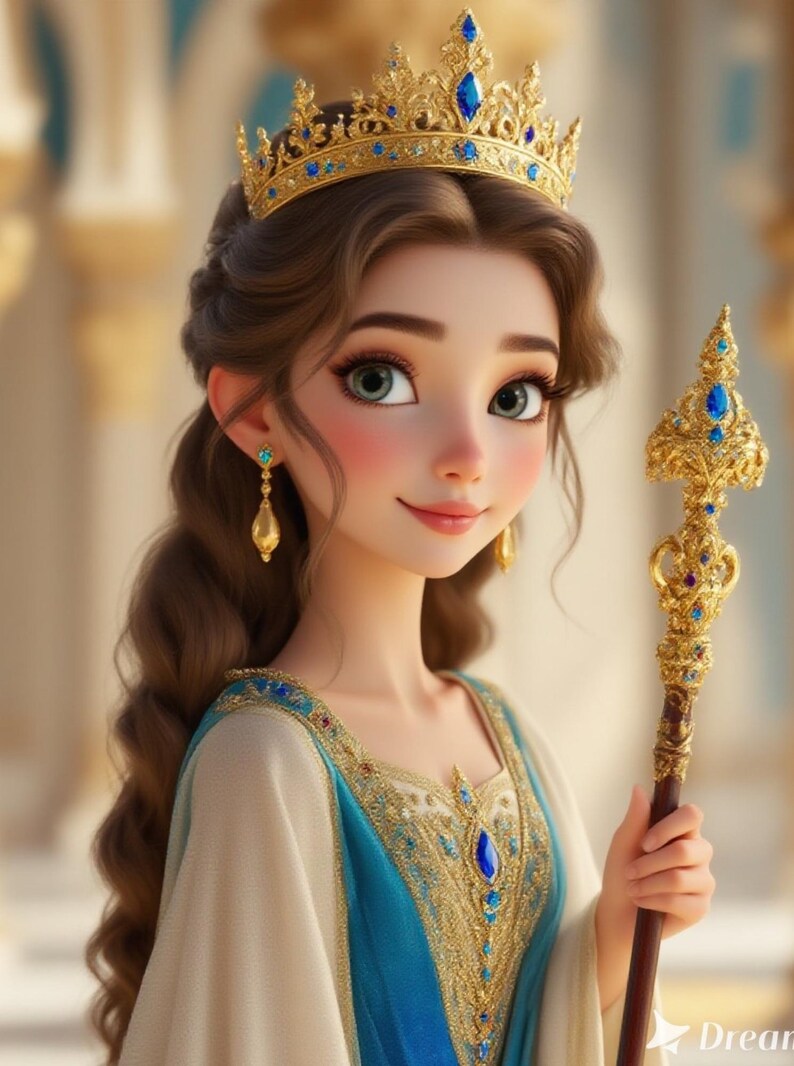 May include: A cartoon princess with a gold crown adorned with blue gems, matching earrings, and a blue and gold embellished dress. She holds a gold scepter with blue gems. Her long brown hair is styled in waves.