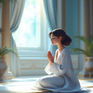 May include: A person in a white robe kneels on a mat with hands clasped in prayer. The scene is set in a room with large windows, blue curtains, and decorative columns. The lighting is soft and natural.