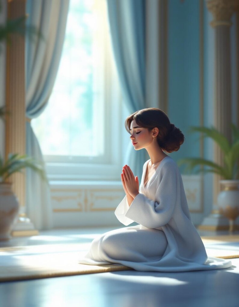 May include: A person in a white robe kneels on a mat with hands clasped in prayer. The scene is set in a room with large windows, blue curtains, and decorative columns. The lighting is soft and natural.