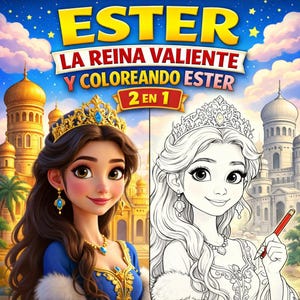 Puede incluir: Ilustración colorida de una princesa con vestido azul y corona dorada, junto a una página para colorear en blanco y negro de la misma princesa. El texto superior dice "ESTER LA REINA VALIENTE Y COLOREANDO ESTER 2 EN 1".
