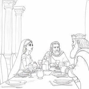 May include: Monochrome illustration of a formal dinner. Three people are seated at a table laden with plates, glasses, and candles. The setting includes columns and a high ceiling, suggesting a grand hall.