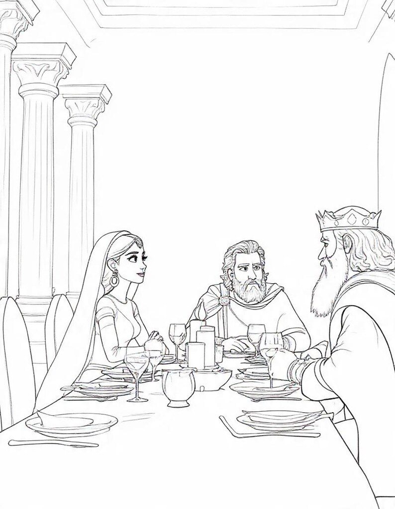 May include: Monochrome illustration of a formal dinner. Three people are seated at a table laden with plates, glasses, and candles. The setting includes columns and a high ceiling, suggesting a grand hall.