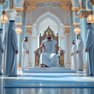 May include: An illustration shows a man in a gold crown and white robes on a golden throne, surrounded by men in white robes. The setting is an ornate palace interior with columns and arches, with a blue carpet.