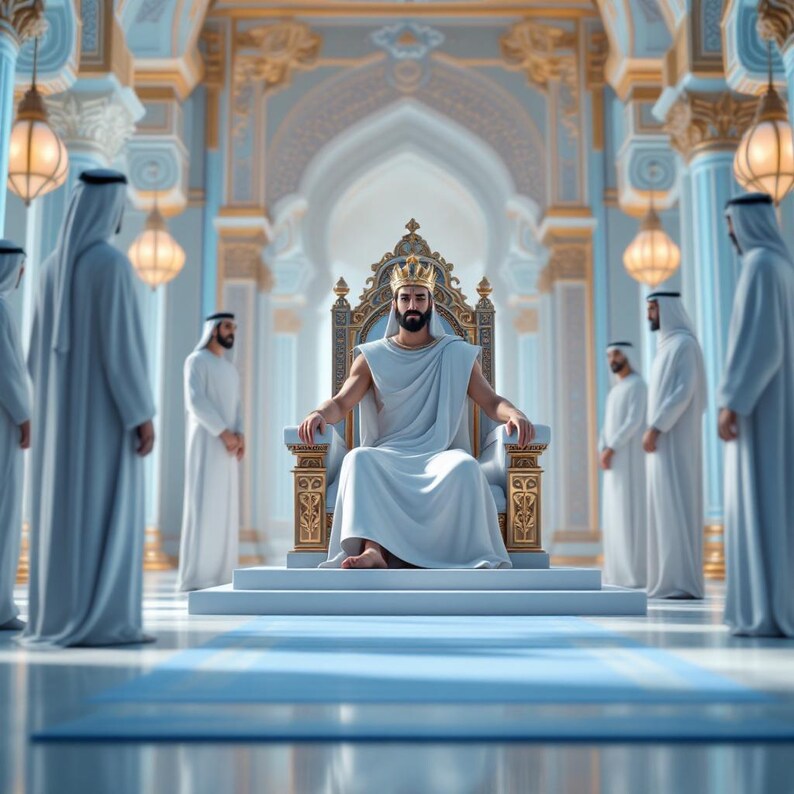 May include: An illustration shows a man in a gold crown and white robes on a golden throne, surrounded by men in white robes. The setting is an ornate palace interior with columns and arches, with a blue carpet.