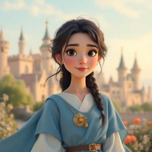 May include: Digital illustration of a young woman with dark hair in a braid, wearing a blue dress with a gold pendant necklace and a brown belt. A castle and flowers are in the background.
