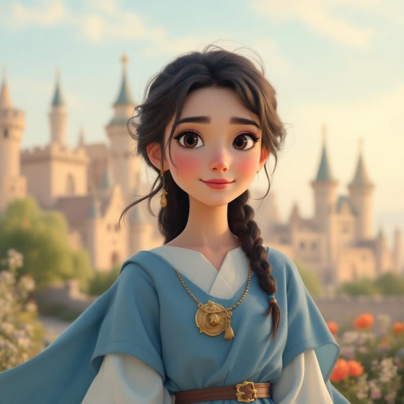 May include: Digital illustration of a young woman with dark hair in a braid, wearing a blue dress with a gold pendant necklace and a brown belt. A castle and flowers are in the background.