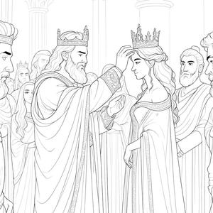 May include: Line art illustration depicting a coronation. A king places a crown on a queen's head, with other figures in robes observing. The scene is set in a hall with columns and arches, suggesting a royal setting.