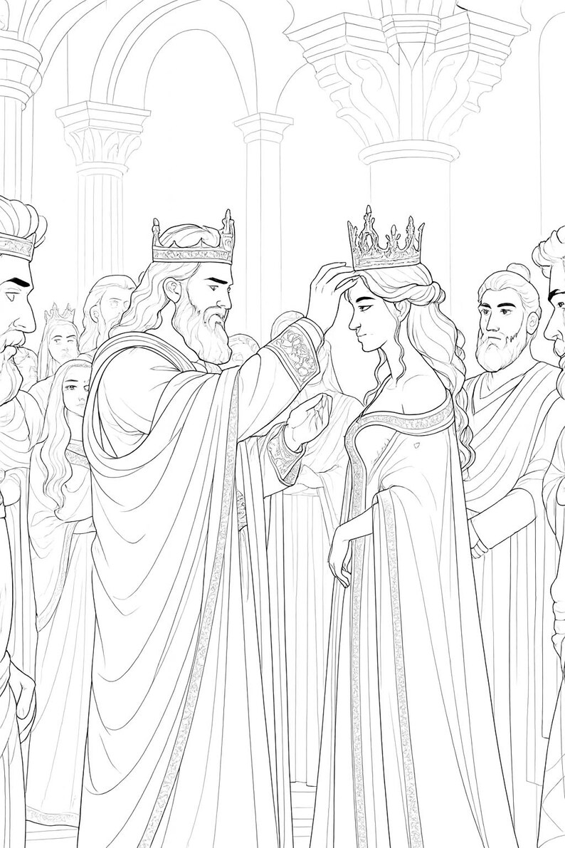 May include: Line art illustration depicting a coronation. A king places a crown on a queen's head, with other figures in robes observing. The scene is set in a hall with columns and arches, suggesting a royal setting.