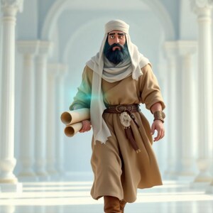 May include: A cartoon illustration of a man in a tan robe and head covering, walking towards the viewer. He carries rolled scrolls and wears a brown belt and boots. The background features white columns and arches.