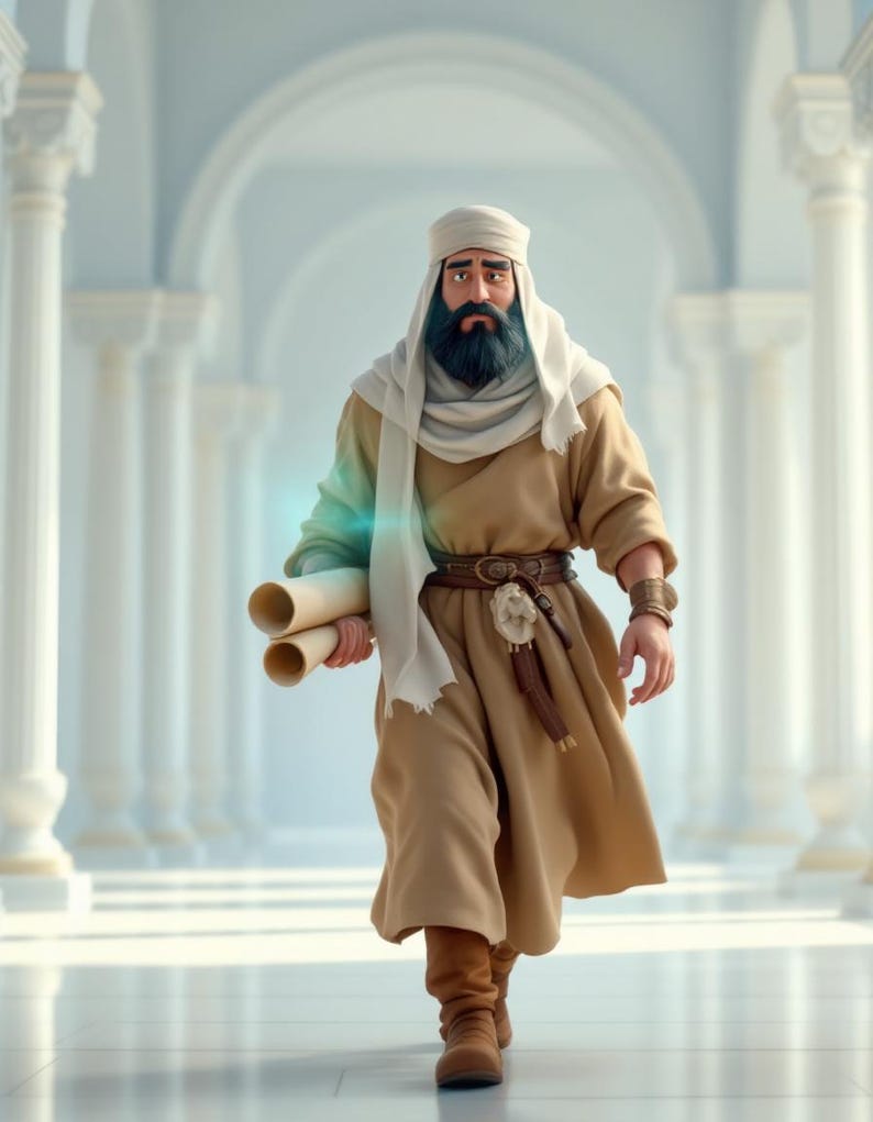 May include: A cartoon illustration of a man in a tan robe and head covering, walking towards the viewer. He carries rolled scrolls and wears a brown belt and boots. The background features white columns and arches.