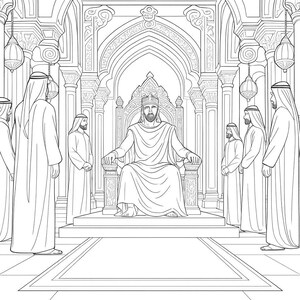 May include: Line art illustration depicting a king on a throne in a hall. The king wears a crown and is surrounded by figures in robes. The hall features ornate arches, columns, and hanging lanterns, creating a regal atmosphere.