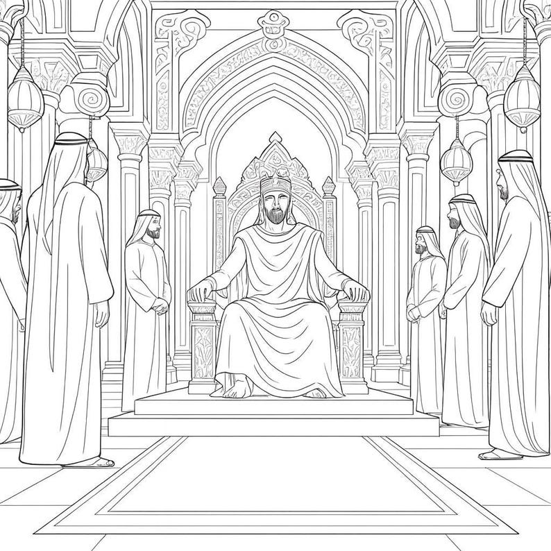 May include: Line art illustration depicting a king on a throne in a hall. The king wears a crown and is surrounded by figures in robes. The hall features ornate arches, columns, and hanging lanterns, creating a regal atmosphere.