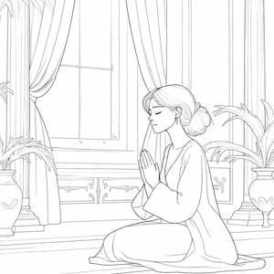 May include: Line art illustration of a person in a long robe, kneeling with hands clasped in prayer. The scene is set indoors, with a large window, curtains, and decorative columns. Potted plants are visible.