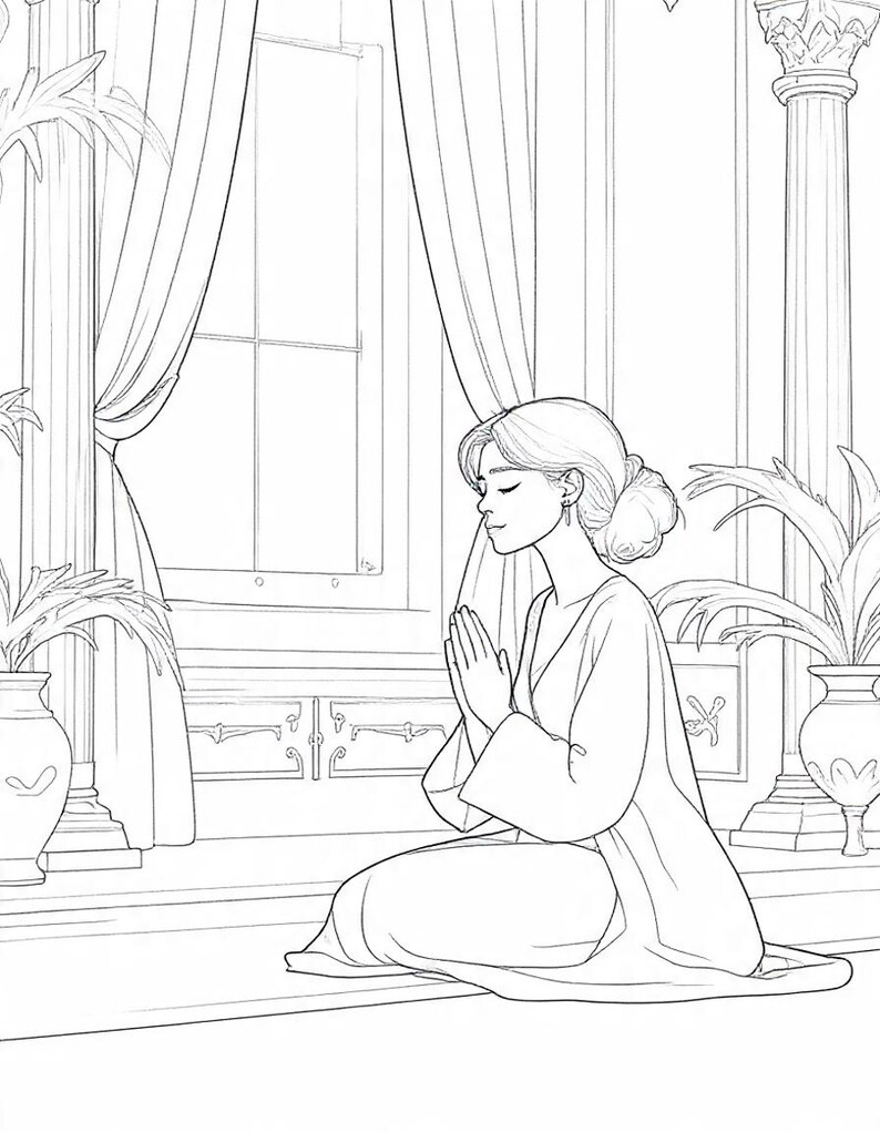 May include: Line art illustration of a person in a long robe, kneeling with hands clasped in prayer. The scene is set indoors, with a large window, curtains, and decorative columns. Potted plants are visible.