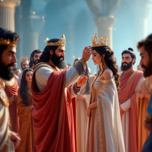 May include: A coronation ceremony is shown. A man in a red robe places a gold crown on a woman's head. Other figures in elaborate clothing and gold crowns are present, set against a backdrop of pillars and soft, blue lighting.