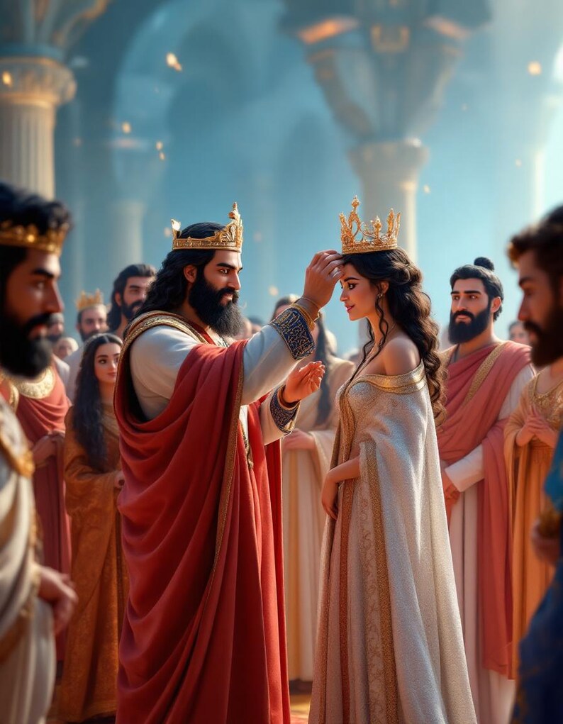 May include: A coronation ceremony is shown. A man in a red robe places a gold crown on a woman's head. Other figures in elaborate clothing and gold crowns are present, set against a backdrop of pillars and soft, blue lighting.