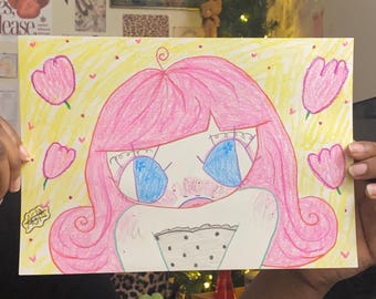 Love in pink hair - the original art print 11 x 8 inch