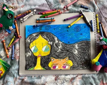 The girly and her kitty - the original art print 11 x 8 inch