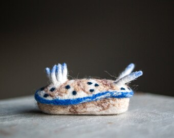 Risbecia sp., nudibranch totem, needle felt miniature, wool sea slug sculpture, gift for divers and biologists