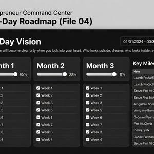 May include: A dark-themed 90-Day Roadmap document with the title "Solopreneur Command Center." It features a vision statement, progress bars, and key milestones. The document is dated from January 1, 2024, to March 31, 2024.