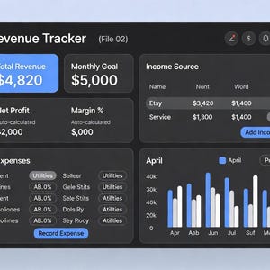May include: A dark-themed revenue tracker interface displays financial data. Key metrics include total revenue of $4,820, a monthly goal of $5,000, and net profit of $2,000. Income sources, expenses, and a bar graph for April are also shown.