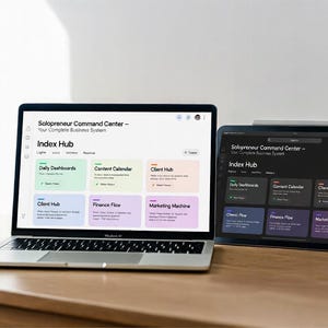 May include: A laptop and tablet displaying the "Index Hub" interface, a business system. The laptop shows a light theme, while the tablet has a dark theme. Both devices are on a wooden desk, with a mug and plant visible.