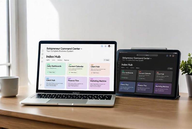 May include: A laptop and tablet displaying the "Index Hub" interface, a business system. The laptop shows a light theme, while the tablet has a dark theme. Both devices are on a wooden desk, with a mug and plant visible.