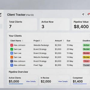 May include: A digital interface for a client tracker, displaying data such as total clients, active clients, and pipeline value. The interface includes client names, projects, amounts, due dates, and deadlines. The interface is labeled "Solopreneur Command Center."
