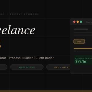 May include: A dark-themed graphic with the words "Freelance OS" in white and gold. A rate calculator interface is visible, displaying a slider and a minimum viable rate in green. Text includes "Rate Calculator" and "Instant Download."
