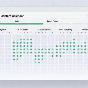 May include: A digital 30-Day Content Calendar displayed on a computer screen. The calendar shows a grid with checkmarks indicating completed posts across various platforms, including Instagram, TikTok/Reels, Etsy/Pinterest, YouTube/Blog, and Newsletter. The completion rate is 68%.
