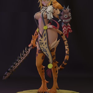 Pode incluir: Figura impressa em 3D de uma personagem feminina com características de chita, incluindo manchas e uma cauda. Ela usa uma roupa reveladora e segura uma arma com espinhos. A figura tem cabelo loiro e está em uma base circular.
