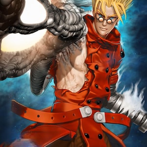May include: Digital illustration of a character with spiky blonde hair, wearing a red coat with black buttons and a matching belt. The character has round glasses and is surrounded by a swirling, metallic, and glowing energy.