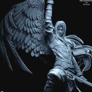 May include: A detailed, grayscale figurine of a warrior with large feathered wings. The figure is holding a sword and has long hair. The text "PRE-SUPPORTED 1:6 SCALE" is visible in the upper right corner.