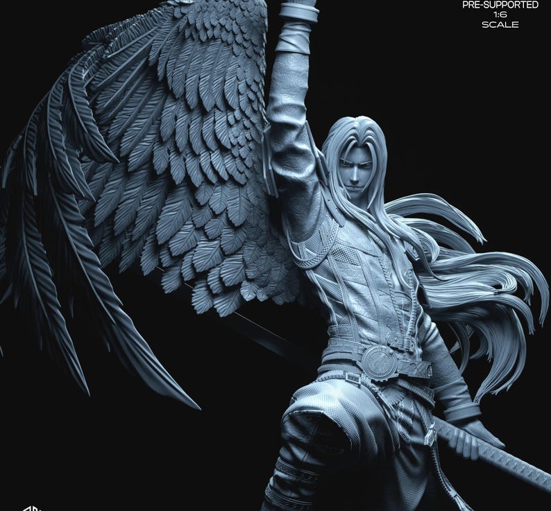 May include: A detailed, grayscale figurine of a warrior with large feathered wings. The figure is holding a sword and has long hair. The text "PRE-SUPPORTED 1:6 SCALE" is visible in the upper right corner.