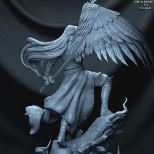 May include: A detailed gray figurine of a warrior with long hair, large feathered wings, and a sword. The figure is posed on a rocky base. The text "PRE-SUPPORTED 1:6 SCALE" is visible.