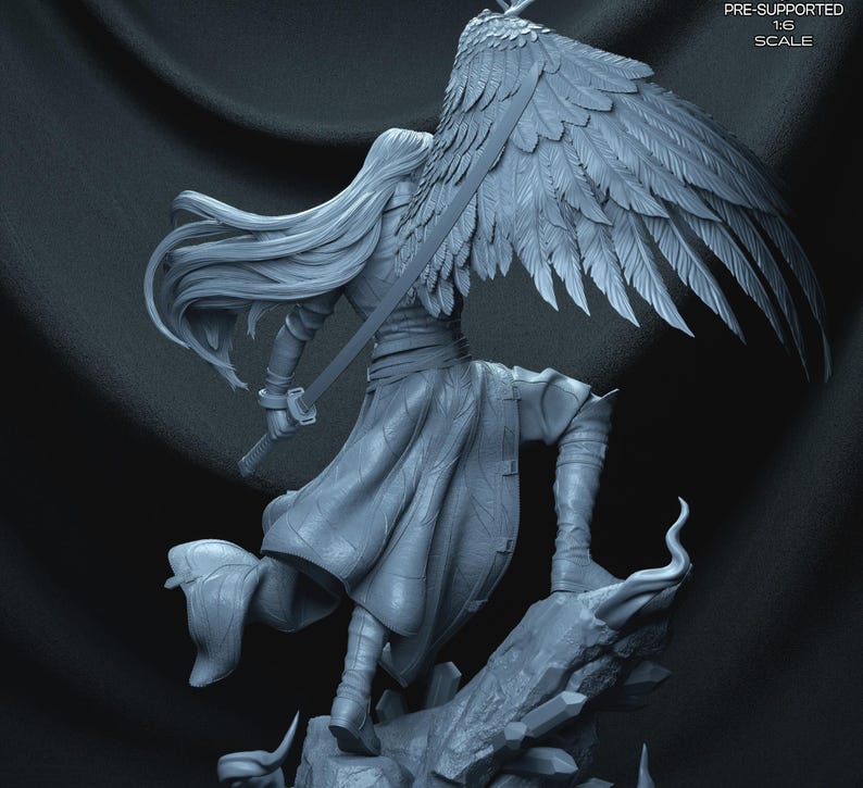 May include: A detailed gray figurine of a warrior with long hair, large feathered wings, and a sword. The figure is posed on a rocky base. The text "PRE-SUPPORTED 1:6 SCALE" is visible.
