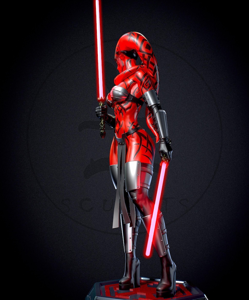 May include: A red and black figure with two red lightsabers. The figure is wearing a red and silver outfit with black accents. The figure is standing on a red platform against a dark background. The figure has a red head covering and long red hair.