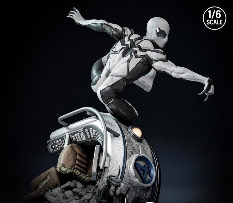 May include: A 1/6 scale statue of a superhero in a white and black suit, posed dynamically atop a futuristic vehicle. The figure is detailed with textured panels and a mask. The vehicle has a metallic finish and a blue emblem.