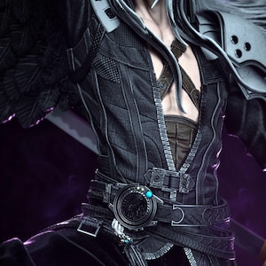May include: A detailed image of a character in a black leather-like outfit with intricate stitching and metal accents. The outfit features a belt with a circular buckle and a blue gem. The character has long silver hair and is holding a sword.