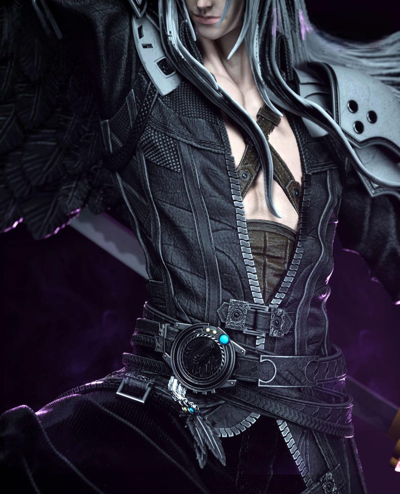 May include: A detailed image of a character in a black leather-like outfit with intricate stitching and metal accents. The outfit features a belt with a circular buckle and a blue gem. The character has long silver hair and is holding a sword.