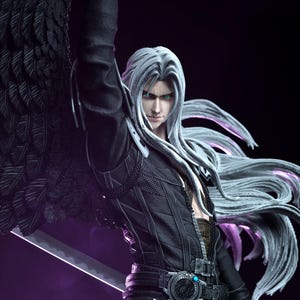 May include: A detailed figurine of a character with long silver hair and piercing green eyes, wearing a black jacket and pants. The figure has a large black wing and is holding a sword. The background is dark with purple accents.