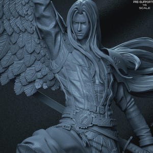 May include: A detailed, monochromatic figurine of a long-haired character with a large feathered wing. The figure is clad in intricately designed armor and holds a sword. The image includes the text "PRE-SUPPORTED 1:6 SCALE".