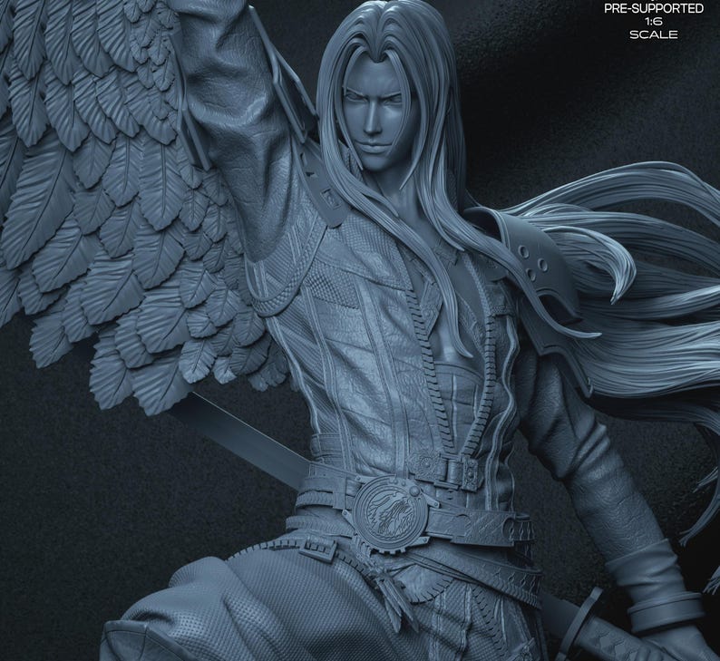 May include: A detailed, monochromatic figurine of a long-haired character with a large feathered wing. The figure is clad in intricately designed armor and holds a sword. The image includes the text "PRE-SUPPORTED 1:6 SCALE".