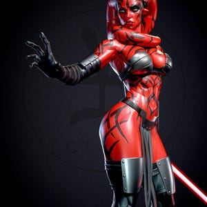 May include: A red and black figure with a lightsaber. The figure has red skin with black markings, black gloves, and armor. The figure is posed with one arm outstretched and a red lightsaber.
